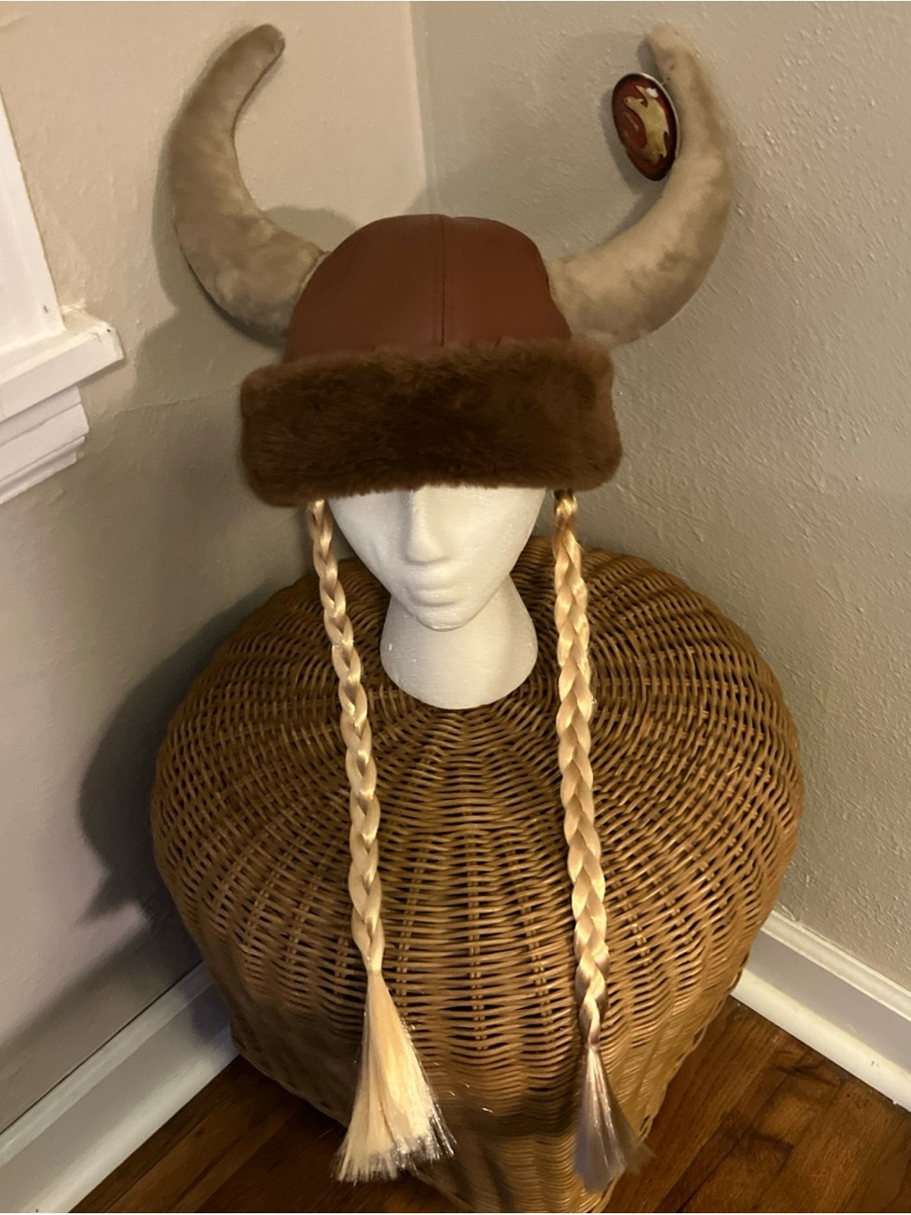 Brown Faux Leather Viking Horn Hat with Blonde Braided Pigtails
